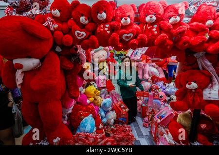 Manila, Manila, Die Philippinen. Februar 2024. Eine Dame reagiert auf die Kamera, als sie Puppen als Laden ansieht, in dem am Valentinstag Teddybären verkauft werden. Lokale Medien sagen, dass das Festival wirtschaftliche Vorteile für das Land bringen wird, da die Menschen mehr Geld für den Kauf von Blumen, Schokolade und anderen Geschenken ausgeben, um ihr Engagement und ihre Liebe zu ihren Partnern zu zeigen. (Kreditbild: © Daniel Ceng Shou-Yi/ZUMA Press Wire) NUR REDAKTIONELLE VERWENDUNG! Nicht für kommerzielle ZWECKE! Stockfoto