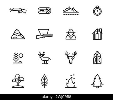 Symbol für Vektorlinie legt Jagd fest. Umriss Illustration Symbol Camping Wald und Berg, Tier, Tierwelt. Jagdwerkzeug und Waffen, Touristensammlung. Sa Stock Vektor