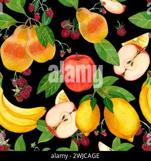 Nahtloses Aquarellmuster. Reife Früchte und Beeren: Äpfel, Bananen, Himbeeren, Birnen, Zitronen, Obstscheiben, handbemalt in Aquarellen. Stockfoto