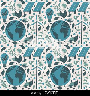 Minimalistischer Flat Art Stil, ein Planet Erde, grüne Blätter, Solarpaneele. Stock Vektor