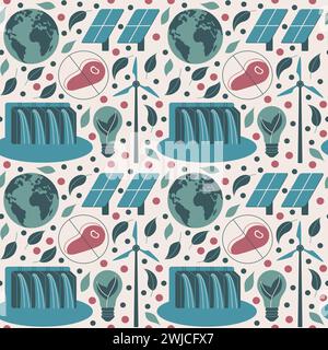 Minimalistischer Flat Art Stil, ein Planet Erde, grüne Blätter, Solarpaneele. Stock Vektor