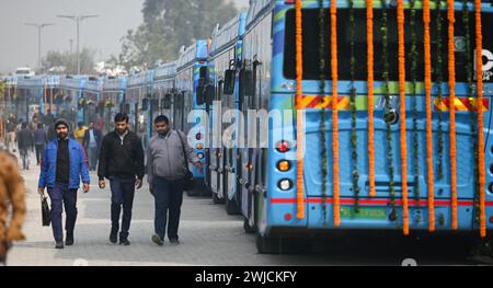 NEW DELHI, INDIEN - 14. FEBRUAR: Delhi LG Vinai Kumar Saxena, Delhi-Chef Arvind Kejriwal und Delhi-Verkehrsminister Kailash Gahlot haben 350 DTC-Elektrobusse während einer Veranstaltung in Baansera in Sarai Kale Khan am 14. Februar 2024 in Neu-Delhi, Indien, abgeworfen. Die Flotte der Delhi-Regierung wird auf 1.650 steigen, wobei am Mittwoch 350 Elektrobusse in die Flotte aufgenommen werden. (Foto: Raj K Raj/Hindustan Times/SIPA USA) Credit: SIPA USA/Alamy Live News Stockfoto