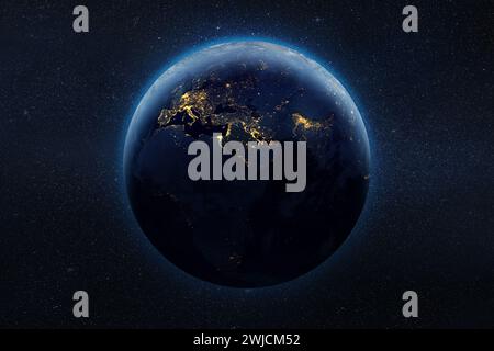 Erde-Planet in der Nacht im Weltraum mit Stadtlichtern drauf. Elemente dieses Bildes, bereitgestellt von der NASA. Stockfoto