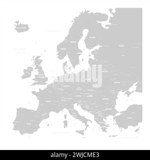 Politische Landkarte Europas. Blaue Vektorkarte mit Hauptstadt und wichtigen Städten europäischer Länder und Wasserkörpern rund um den Kontinent. Stock Vektor