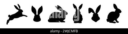 Set mit Kaninchen-Silhouetten. Osterhasen. Isoliert auf weißem Hintergrund. Eine einfache schwarze Ikonen von Hasen. Niedliche Tiere. Ideal für Logo, Emblem, Pictogra Stock Vektor