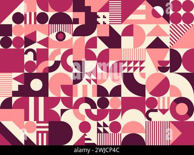 Beige, rosa, kastanienbraune und lila, modernes geometrisches Muster, abstrakter Hintergrund. Die moderne Vector-Fliese zeichnet sich durch klare Linien, auffällige Formen und eine minimalistische Palette aus, die eine dynamische Abstraktion schafft Stock Vektor