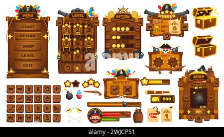 Piraten und Korsaren Benutzeroberfläche für Spiele, Spielschaltflächen und GUI-Elemente, Vektorelemente. Piratenkanonen und -Bomben, Schatztruhe und Goldmünzen, Arcade-Spielmenütasten und Bedienelemente für Level-Optionen Stock Vektor