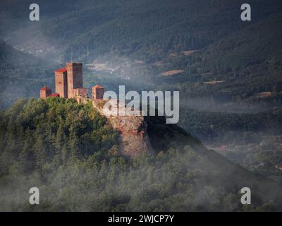 Schloss Trifels, Felsenburg im Pfälzerwald mit Nebel, Annweiler, Rheinland-Pfalz, Deutschland Stockfoto