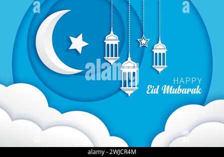 EID Mubarak Papier geschnittener Hintergrund mit Sichel Mond, arabischen Laternen und Himmelswolken, Vektor Feiertagsgrüße. Glücklicher Ramadan Kareem und Eid Mubarak in Papierschichten mit religiösen Symbolen des Islam Stock Vektor