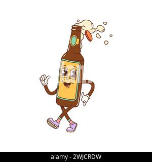Cartoon groovige Bierflasche Charakter. Isolierter Vektor lebhafter Glaskolben mit schaumigem Getränk und ansteckendem Grinsen, der eine funky Atmosphäre ausstrahlt. Lustige animierte Persönlichkeit strahlt Freude und einen verspielten, sorglosen Geist aus Stock Vektor