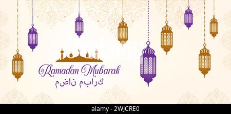 Ramadan kareem Feiertagsbanner mit arabischen Laternen. Vektor-Grußkarte für islamisches religiöses fest. Arabische goldene und lila Lampen auf dem kunstvollen Hintergrund. Muslimischer Monat ramazan-Feier Stock Vektor