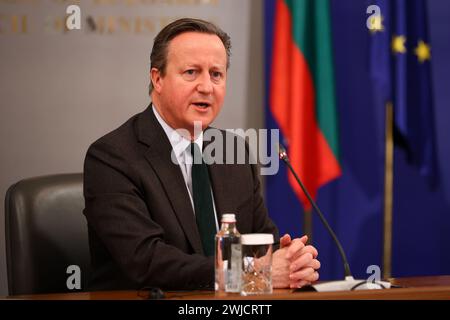Sofia, Bulgarien - 14. Februar 2024: Britischer Außenminister David Cameron spricht nach seinem Treffen mit dem bulgarischen Premierminister vor den Medien. Stockfoto