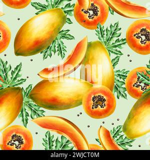 Nahtloses Markiermuster mit süßer reifer Papaya-Scheibe mit Körnern, tropischen Blättern im Aquarellstil. Handgezeichnete realistische leckere Bio-Illustraten Stockfoto