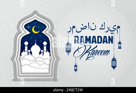 Ramadan Kareem Papier geschnittene Fahne mit muslimischer Moschee im arabischen Bogenfenster, Vektorhintergrund. Islamische religiöse Feiertagsgrüße in arabischen Buchstaben mit Laternen, Mondsichel und Sternen in der Nacht Stock Vektor