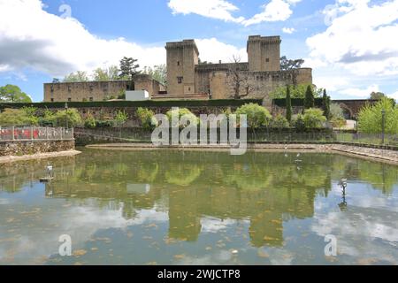 Schlosspalast mit Teich und Reflexion Castillo Palacio de los Condes de Oropesa, Jarandilla de la Vera, Sierra de Gredos, Extremadura, Spanien Stockfoto