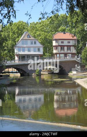 Historische Brückenhäuser an der nahe-Brücke, Bad Kreuznach, Rheinland-Pfalz, Deutschland Stockfoto