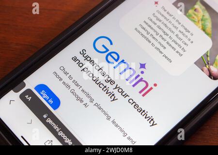 Google Gemini-Website auf einem iPhone-Bildschirm. Gemini ist eine Familie von KI-Modellen, das größte und leistungsfähigste KI-Modell der nächsten Generation von Google DeepMind. Stockfoto