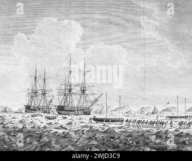 Gravur der Schiffe und Besatzung von Captain John Phipps während der Arktis-Expedition von 1773, Bild veröffentlicht um 1900. Die Schiffe HMS Racehorse und HMS Carcass sind im Eis gefroren, eine Expedition der britischen Royal Navy, die von der Royal Society und insbesondere ihrem Vizepräsidenten Daines Barrington vorgeschlagen wurde, der an ein eisfreies offenes Polarmeer glaubte. Zwei Bombenschiffe, HMS Racehorse und HMS Carcass, wurden zum besseren Schutz vor Eis modifiziert und segelten im Sommer 1773 unter dem Kommando von Konstantin John Phipps und Skeffington Lutwidge in Richtung Nordpol. Die Schiffe steckten in mir fest Stockfoto