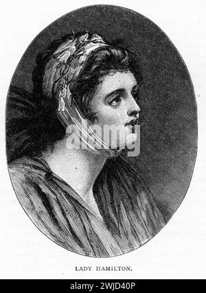 Porträt von Dame Emma Hamilton (* 1765–1815 in London als Amy Lyon), bekannt als Emma Hart und nach der Heirat als Lady Hamilton, eine englische Dienstmädchen, Model, Tänzerin und Schauspielerin. Sie begann ihre Karriere in Londons Halbmonde und wurde zur Geliebten einer Reihe wohlhabender Männer, die ihren Höhepunkt in dem Marineheld Lord Nelson erreichte. Sie war das Lieblingsmodell und Muse des Porträtisten George Romney. Das Bild wurde um 1900 veröffentlicht. Stockfoto