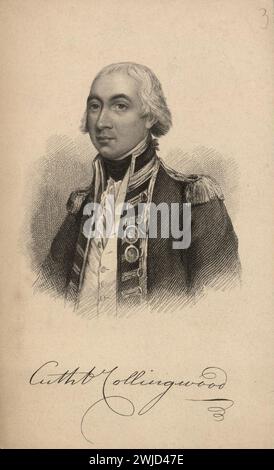 Gravur von Konteradmiral Cuthbert, Lord Collingwood (1748-1810), 1. Baron Colingwood,. Der Freund und Nachfolger von Nelson, Collingwood's eigentümliche Persönlichkeit hinderte ihn daran, irgendeine Popularität seines Häuptlings zu erreichen, aber er arbeitete sich zu Tode für das, was er für das Gute des Dienstes hielt. Stockfoto