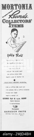 Eine Anzeige eines Musikmagazins der frühen 1960er Jahre, das Jazz-Aufnahmen von greta Jelly Roll Morton aus den 1920er Jahren verkauft Gesponsert von einer kleinen Firma namens Harrison Smith aus Brooklyn, New York. Stockfoto