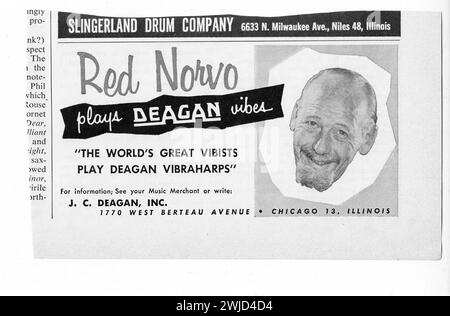 Ein Werbespot für Deagan Vibes mit dem Jazzstar Red Norvo. Aus einer US-amerikanischen Zeitschrift von 1962. Stockfoto