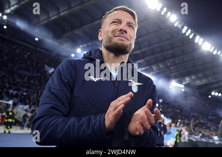 Rom, Italie. Februar 2024. Ciro immobile of Latium begrüßt die UEFA Champions League, Achtelfinale, das 1. Leg-Fußballspiel zwischen SS Latium und Bayern München am 14. Februar 2024 im Stadio Olimpico in Rom, Italien - Foto Federico Proietti/DPPI Credit: DPPI Media/Alamy Live News Stockfoto