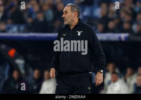 Rom, Latium, Italien. Februar 2024. Maurizio Sarri, während des Achtelfinale der UEFA Champions League, das Spiel zwischen SS Lazio und FC Bayern im Stadio Olimpico am 14. Februar 2024 in Rom, Italien. (Kreditbild: © Ciro de Luca/ZUMA Press Wire) NUR REDAKTIONELLE VERWENDUNG! Nicht für kommerzielle ZWECKE! Stockfoto