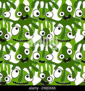 Cartoon-Monster nahtloses Oktopus-Aliens-Muster zum Einpacken von Papier, Kinderbekleidung und Stoffen Stockfoto