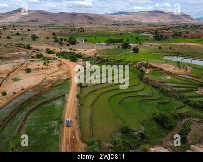 Offroad über Reisfelder, Madagaskar Stockfoto