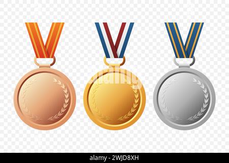 Vector Gold-, Silber- und Bronze-Award-Symbol-Set mit Farbbändern in Nahaufnahme isoliert. Preis Für Den Ersten, Zweiten, Dritten Platz. Sieg Beim Sportturnier Stock Vektor