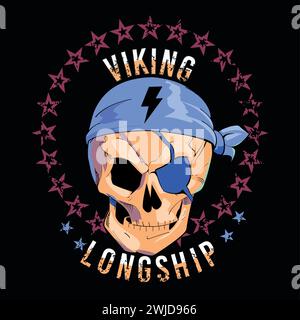 Wikinger Langschiff. T-Shirt mit Piratenschädel und einem Augenfleck und Blitz-Symbol auf schwarzem Hintergrund. Stock Vektor