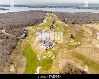 Luftaufnahme des Wintertages im Gardiners Bay Country Club in Shelter Island, NY Stockfoto
