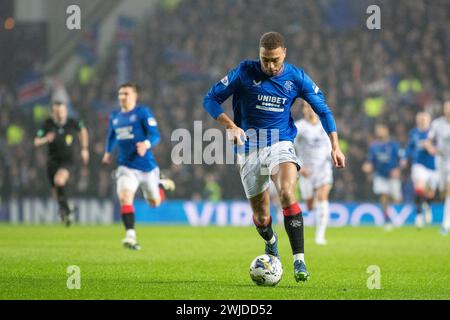 Glasgow, Großbritannien. Februar 2024. Rangers FC spielt Ross County im Ibrox Stadium, Glasgow, Schottland, in einem neu arrangierten Spiel, das am 27. Dezember 2023 wegen Schnee verschoben wurde. Die Rangers liegen derzeit 3 Punkte hinter dem Celtic FC, der an der Spitze der Scottish League steht, und ein Sieg der Rangers mit 3 oder mehr Toren würde sie auf den ersten Platz bringen. Quelle: Findlay/Alamy Live News Stockfoto