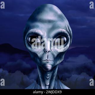 UFO. Alien in den Bergen. Fliegende Untertassen, die in den Augen des Außerirdischen reflektiert werden Stockfoto