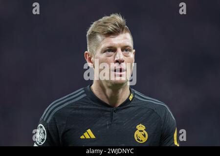 Leipzig, Deutschland. Februar 2024. Toni Kroos von Real Madrid wurde während des UEFA Champions League-Spiels zwischen RB Leipzig und Real Madrid in der RedBull Arena gesehen. Endstand; RB Leipzig 0:1 Real Madrid. Quelle: SOPA Images Limited/Alamy Live News Stockfoto