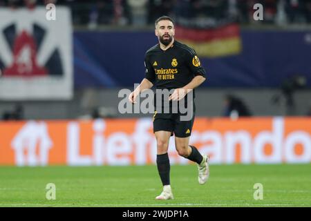 Leipzig, Deutschland. Februar 2024. Dani Carvajal von Real Madrid wurde während des UEFA Champions League-Spiels zwischen RB Leipzig und Real Madrid in der RedBull Arena gezeigt. Endstand; RB Leipzig 0:1 Real Madrid. (Foto: Grzegorz Wajda/SOPA Images/SIPA USA) Credit: SIPA USA/Alamy Live News Stockfoto