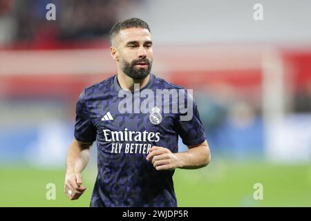 Leipzig, Deutschland. Februar 2024. Dani Carvajal von Real Madrid wurde während des UEFA Champions League-Spiels zwischen RB Leipzig und Real Madrid in der RedBull Arena gezeigt. Endstand; RB Leipzig 0:1 Real Madrid. Quelle: SOPA Images Limited/Alamy Live News Stockfoto