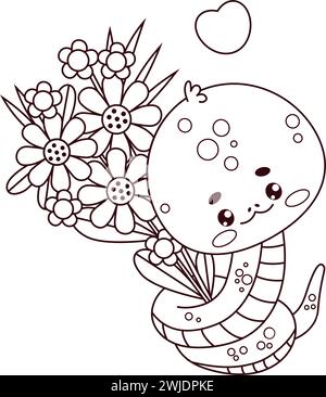 Süße Schlange mit Blumen. Romantischer Reptil-Kawaii-Charakter. Linienzeichnung, Malbuch. Vektor-Illustration mit Cartoon Liebesschlange Stock Vektor