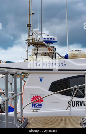 RV Bombora ist ein 2009 australisch gebautes 11,8 m Stebercraft, Fiberglas-Einhüllen-Küstenvermessungsschiff im Besitz des NSW Office of Environment and Heritage Stockfoto