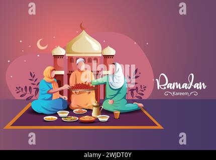 Ramadan Kareem grüßt eine Gruppe von Familienmitgliedern, die mit arabischem Hintergrund essen. Abstraktes Vektor-Illustrationsdesign Stock Vektor