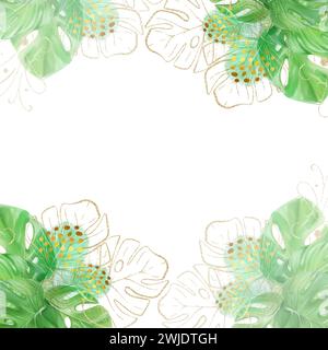 Quadratischer Rahmen, Banner mit tropischen Monsterblättern. Aquarellabbildung. Vorlage für Design. Stockfoto