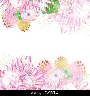 Tropisches Banner, quadratischer Rahmen mit rosa Protea-Blumen und bunten Federn. Exotische Pflanzen, romantische, luxuriöse Vorlage für Design. Stockfoto