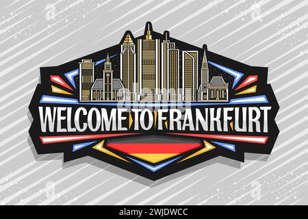 Vektor-Logo für Frankfurt, dunkles dekoratives Etikett mit Umrissillustration der europäischen frankfurter Stadtlandschaft auf Dämmerungshimmel Hintergrund, Linie Art Design re Stock Vektor