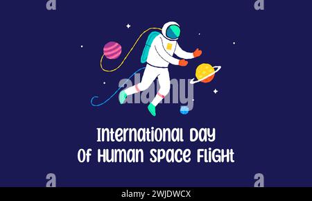 12. April internationaler Tag des menschlichen Raumflugs. Galaxy-Poster mit Schriftzug und Kosmonaut. Handgezeichnete flache Zeichentrickelemente. Vektorabbildung Stock Vektor