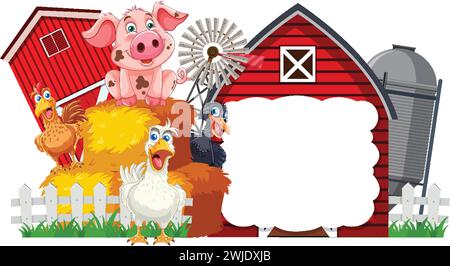 Zeichentricktiere auf dem Bauernhof mit einem leeren Schild. Stock Vektor