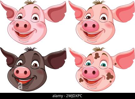 Vier fröhliche Schweinchen mit unterschiedlichen Ausdrücken. Stock Vektor