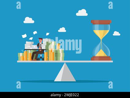 Geschäftsmann mit Geld und Sanduhr auf Waage. Zeitwert oder Opportunitätskosten. Vektorillustration des Geschäftskonzepts Stock Vektor