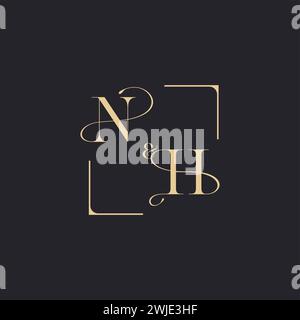 NH einfaches Konzept des Hochzeitsumrisses Logo und Quadrat des ursprünglichen Designs Gold auf weißem Hintergrund Stock Vektor