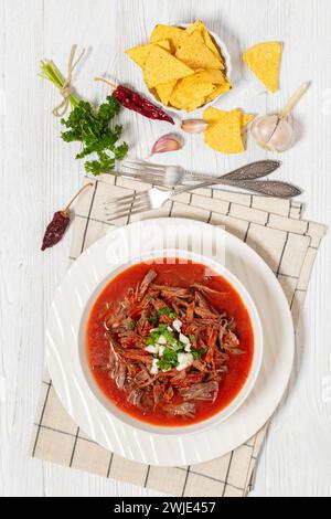 Birria de res, mexikanischer Rindereintopf in heißer Paprikasauce mit roher Zwiebeln und gehacktem Koriander in weißer Schüssel auf weißem Holztisch mit Taco-Chips und mir Stockfoto